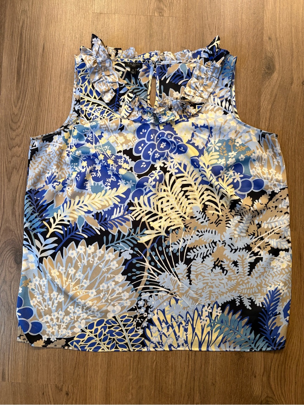 Talbots Floral Print Ruffle-Neck Blouse Blue and Yellow Size XL Sleeveless